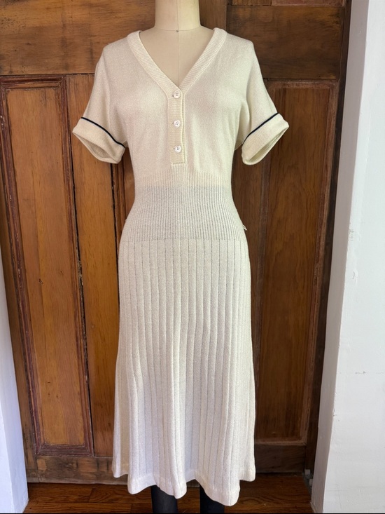 Vintage Dresses & Skirts - Vintage Ivory Knit Midi Dress | Preppy Ribbed Sweater Dress Soft Minimalist